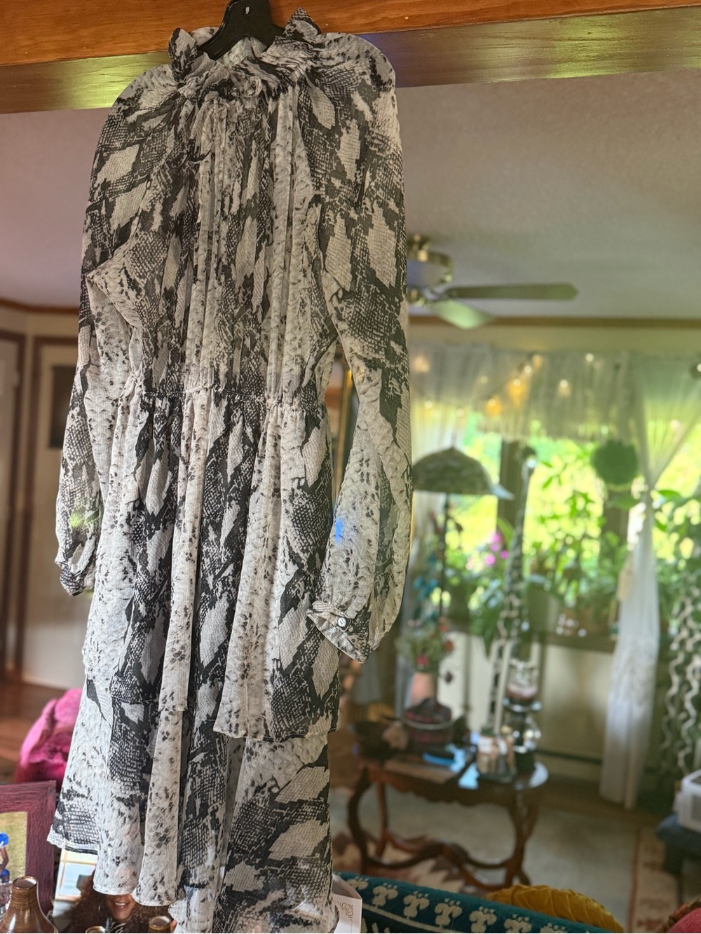 Snake Print Long Sleeve Tiered Midi Dress - Black & White